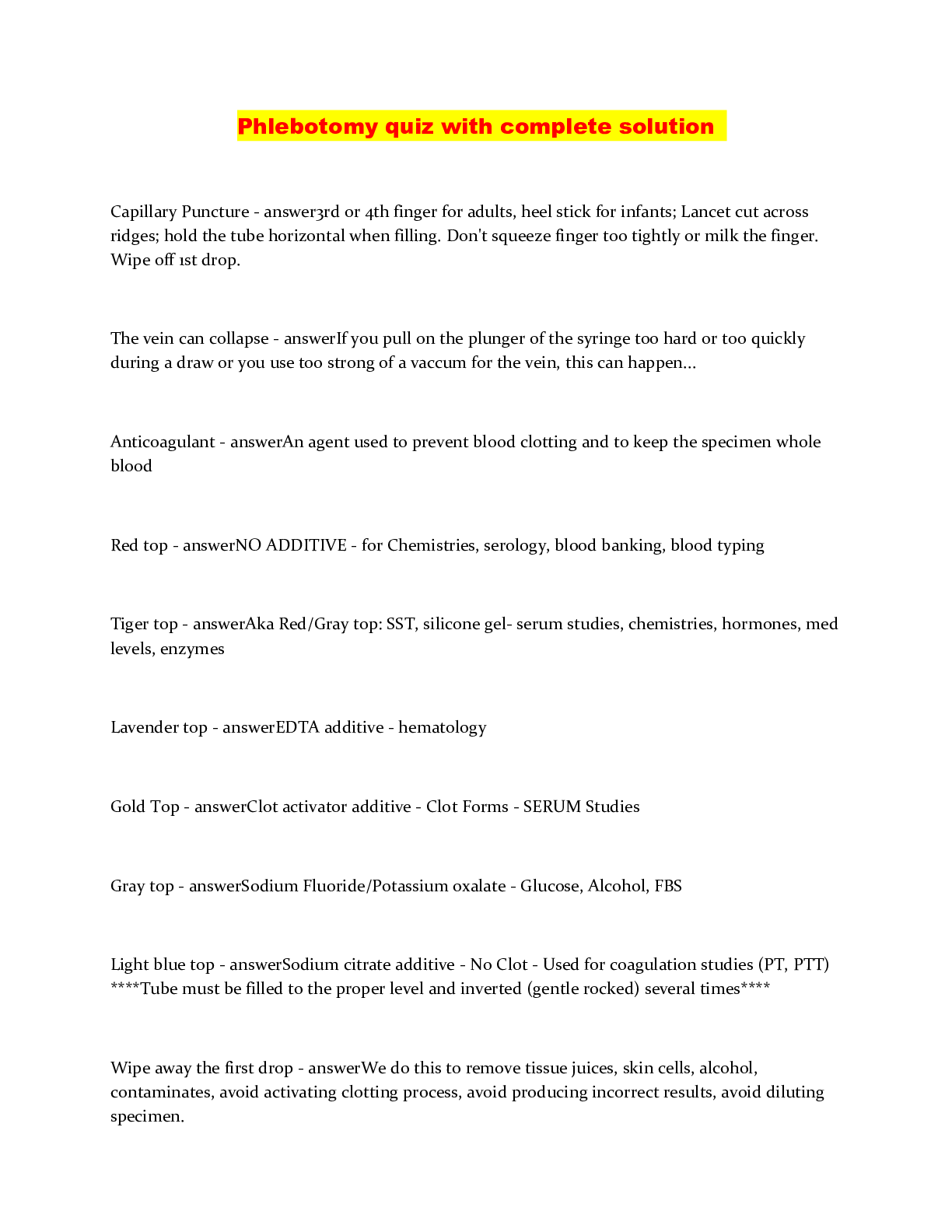 Preview image of Phlebotomy quiz with complete solution document